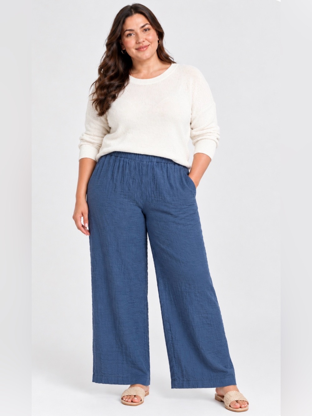 NWT Coldwater Creek Blue 100% Cotton Gauze Crop Wide Leg Pants XXL 2X